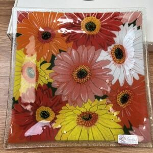 Peggy Karr Glass 10"‎ Square Plate Gerbera Daisy, Signed Dated 2006 NEW in Box